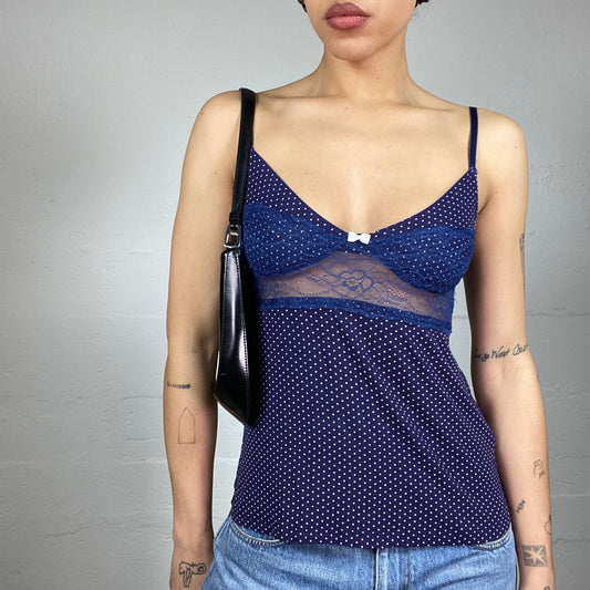 Vintage 2000's Lingerie Navy Blue Top with White Polka Dots and Mesh Lace Trim Detail (S)