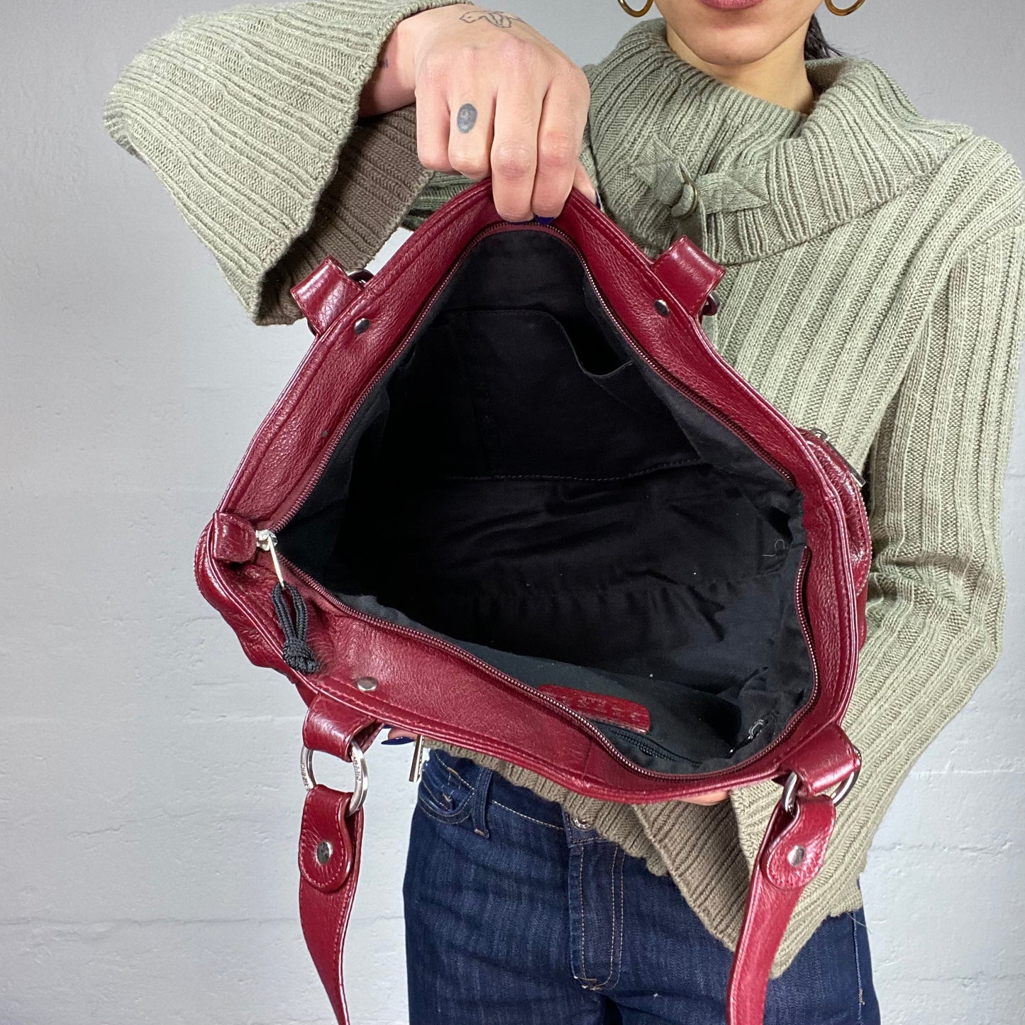 Vintage 2000's Cherry Leather Shoulder Bag with Zippers Detail