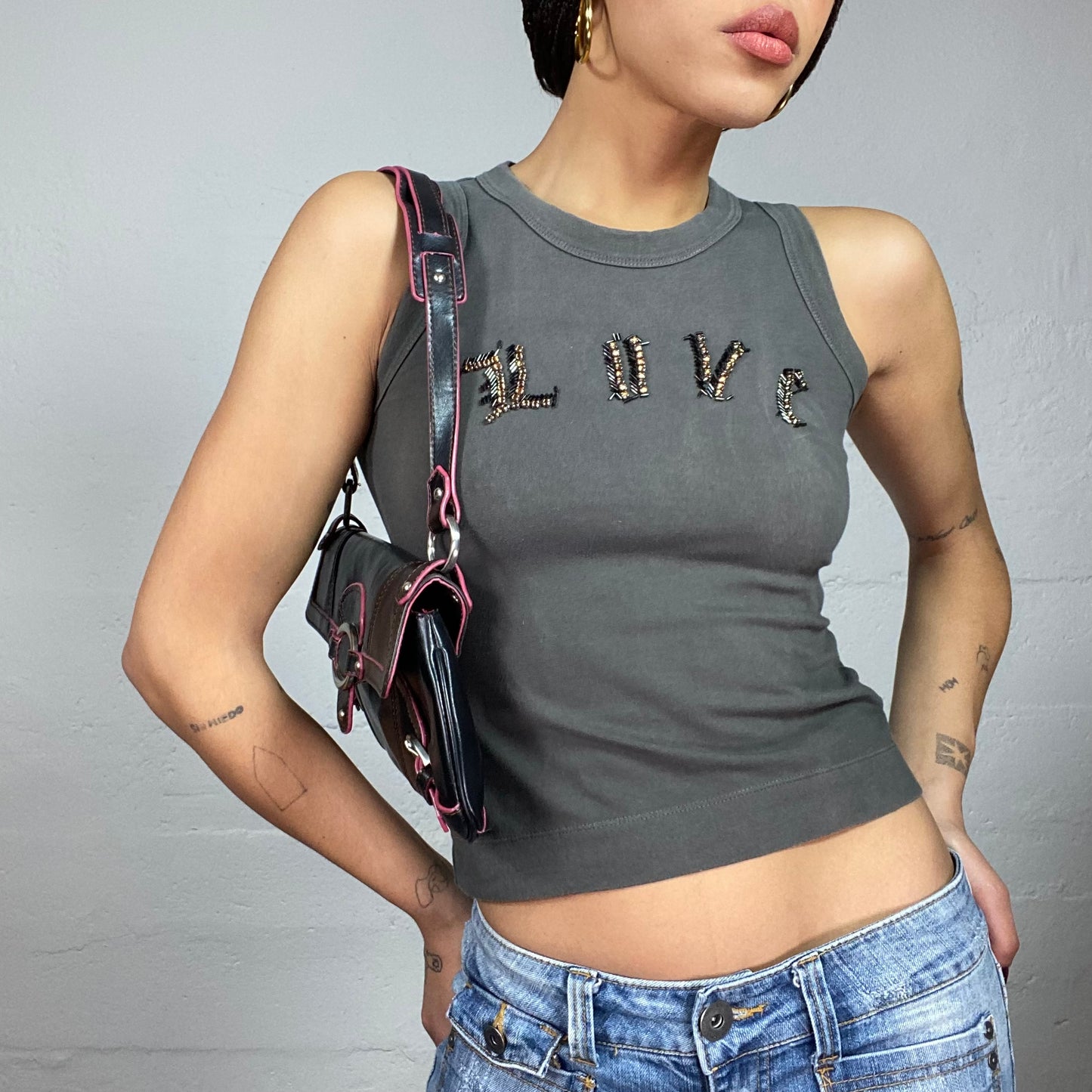 Vintage 2000's Downtown Girl Stone Grey Top with Beads "Love" Print (S)