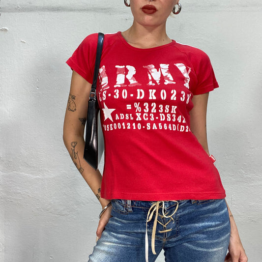 Vintage 90's Streetwear Red Top With White "Army" Typography Print (S/M)