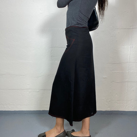 Vintage 90's Phoebe Buffay Black Maxi Skirt with Red Seam Zip Trim and Slit Detail (M)