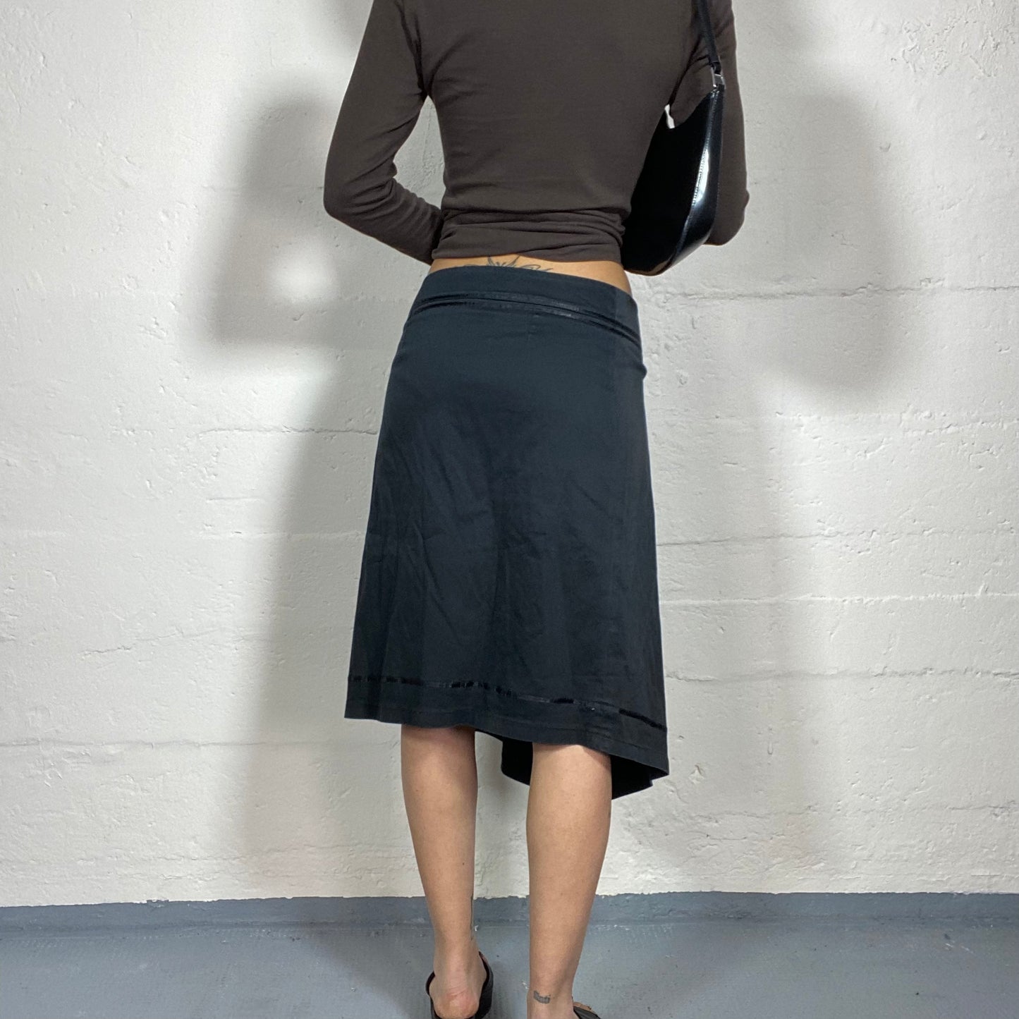 Vintage 2000's Cyber Black Midi Skirt with Lace Up Detail (S)