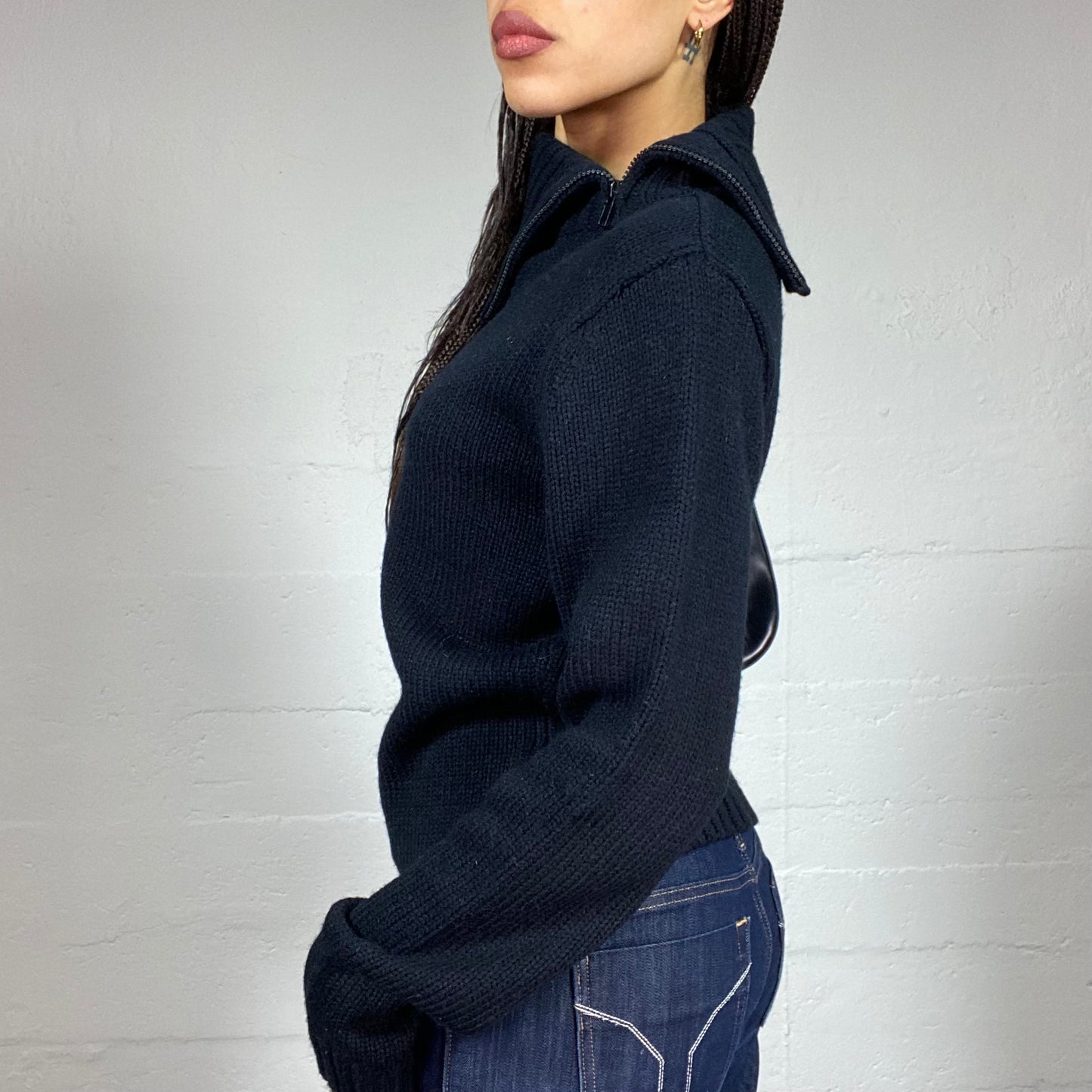 Vintage 2000's Sporty Black Side Zip Up Pullover with Asymmetric High Neck Detail (L)