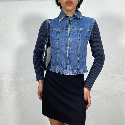 Vintage 90's Downtown Girl Denim Jacket with Blue Ribbed Knit Sleeves (S)