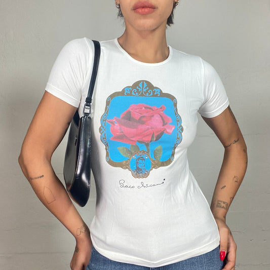 Vintage 2000's Downtown Girl White Top with Framed Red Realistic Rose Print (S/M)