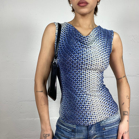 Vintage 2000's Downtown Girl Blue Drapped Neckline Top with Ombré Print (S)