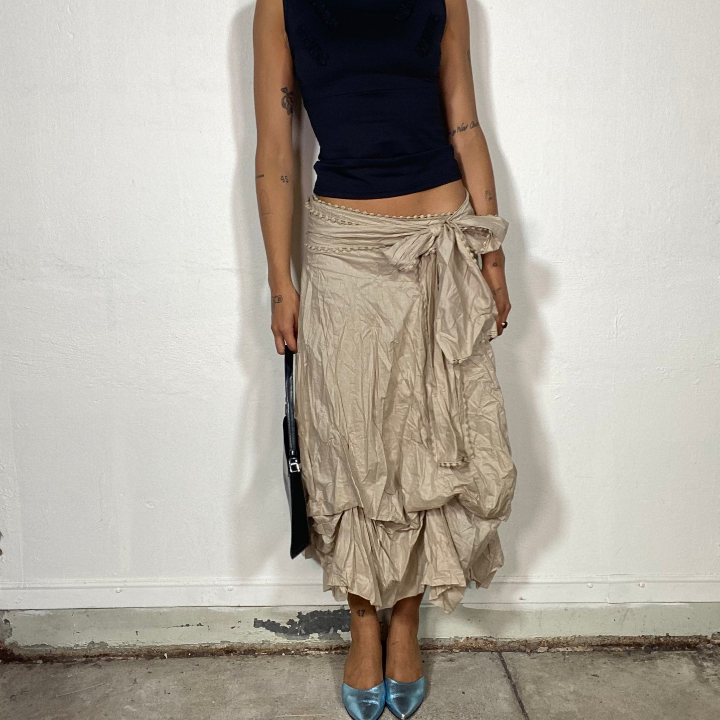 Vintage 90's Boho Beige Maxi Skirt with Layered Draping and Side Tie (S)