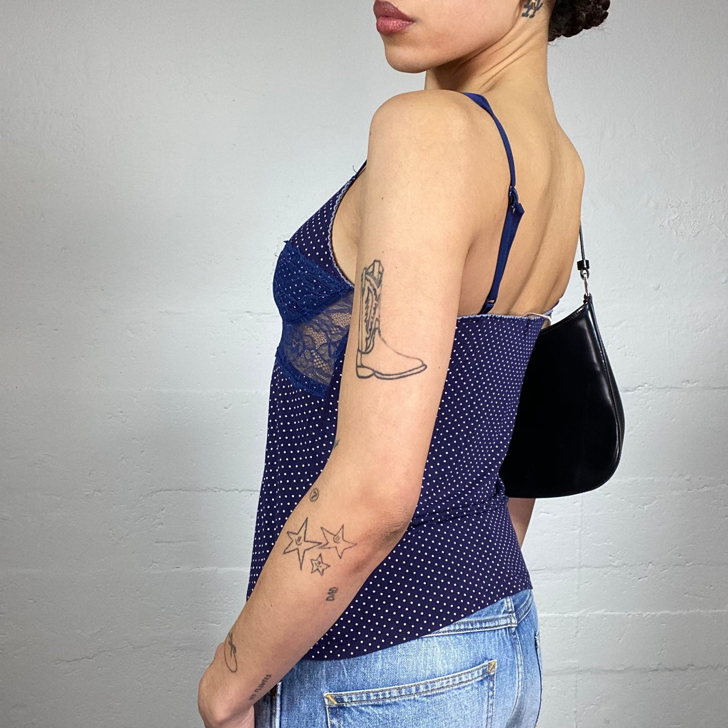 Vintage 2000's Lingerie Navy Blue Top with White Polka Dots and Mesh Lace Trim Detail (S)