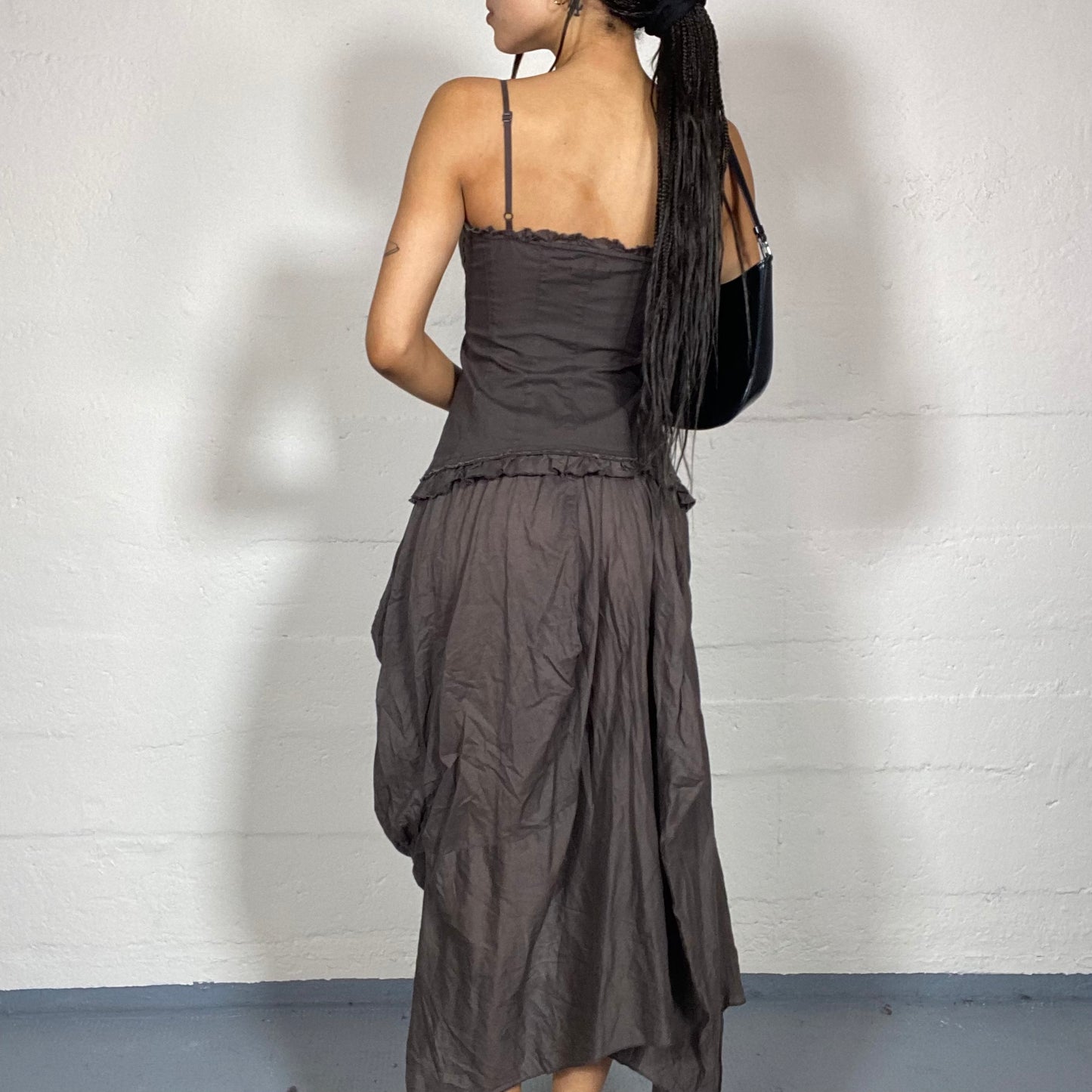 Vintage 2000's Fairy Brown Maxi Dress with Balloon Drapped Skirt Detail (S)