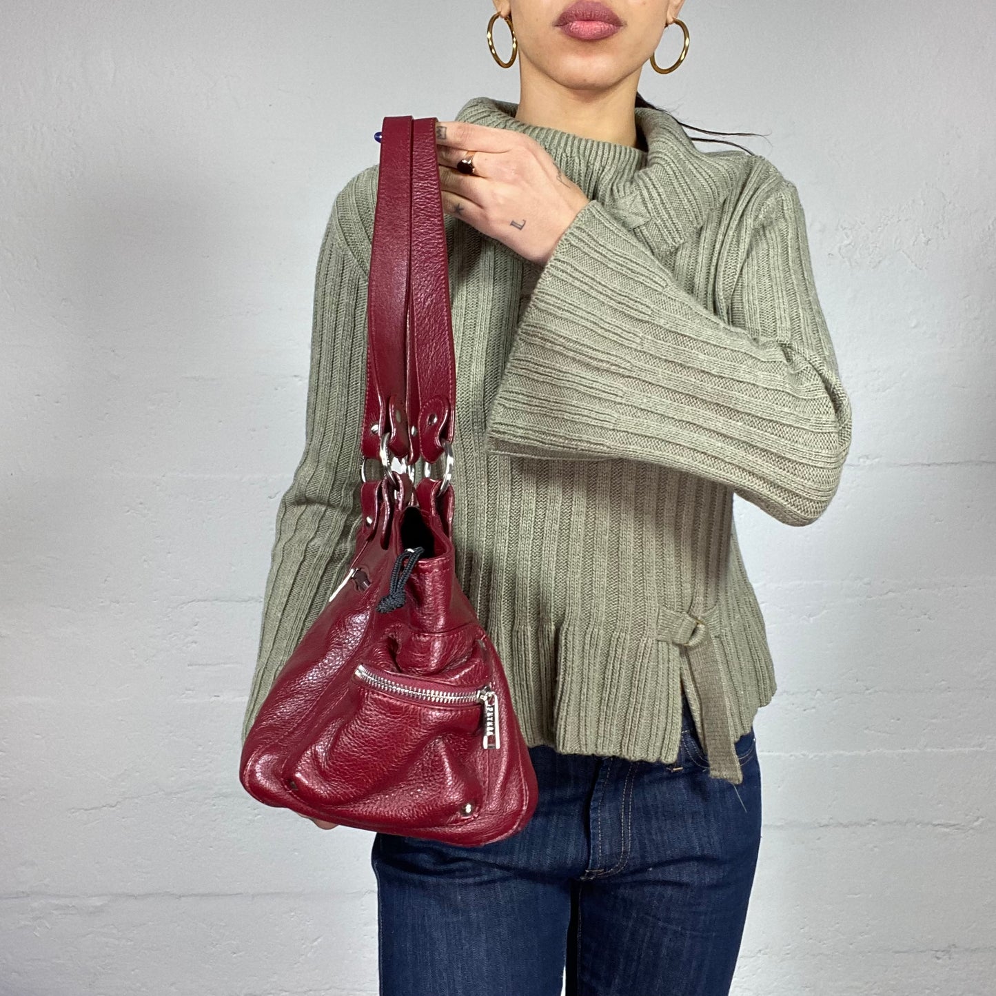 Vintage 2000's Cherry Leather Shoulder Bag with Zippers Detail