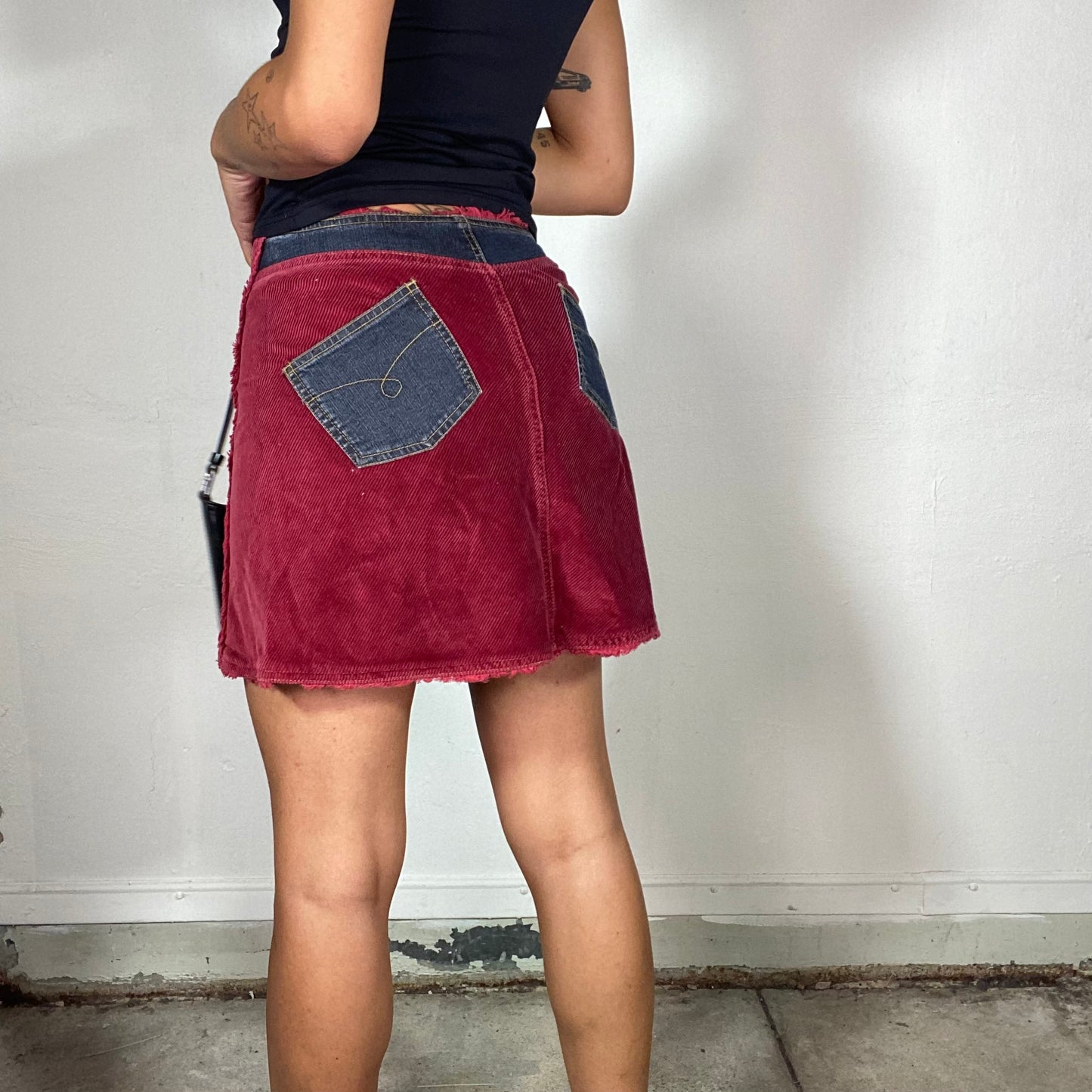 Vintage 90's Patchwork Denim and Cherry Red Corduroy Midi Skirt (S)