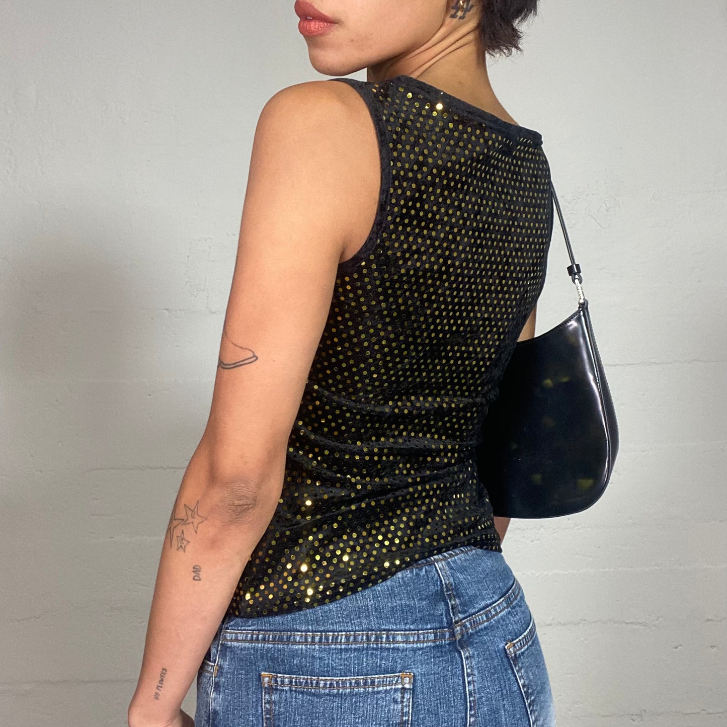 Vintage 2000's Clubwear Black Top with Gold Sequins Detail (S/M)