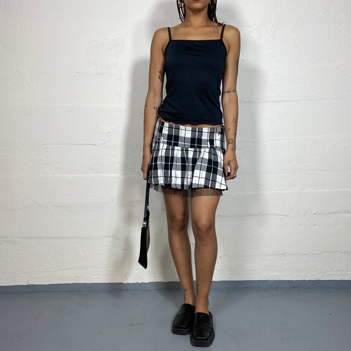 Vintage 90's Punk Girl Black & White Plaid Mini Skirt with Mesh Chiffon Under Bottom (S)