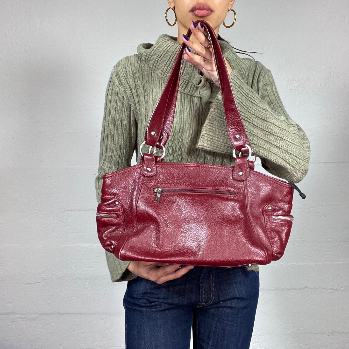 Vintage 2000's Cherry Leather Shoulder Bag with Zippers Detail