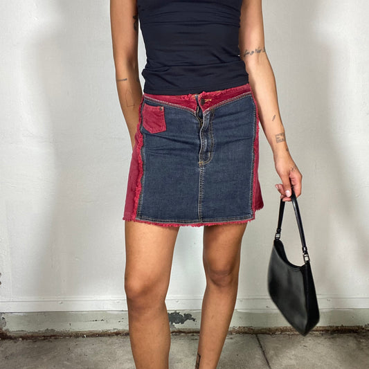 Vintage 90's Patchwork Denim and Cherry Red Corduroy Midi Skirt (S)