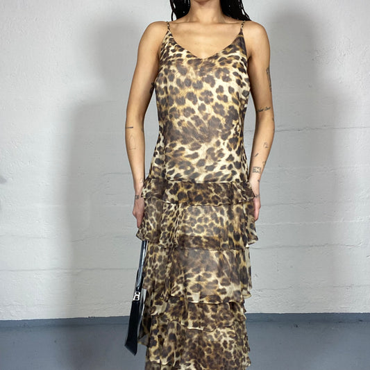 Vintage 90's Janice Brown Maxi Loose Cut Dress with Frilled Bottom and Cheetah Print (M)