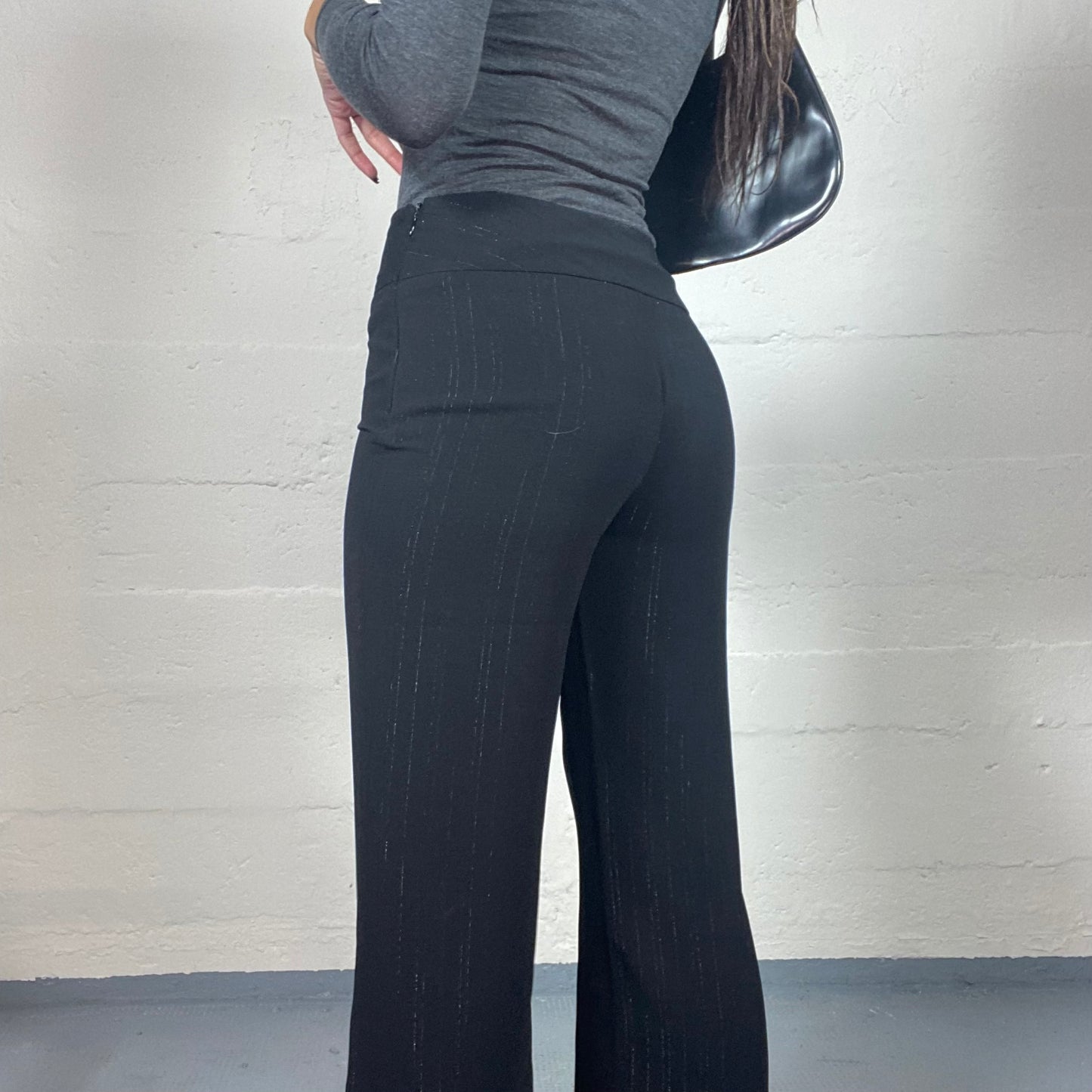 Vintage 2000's Office Black High Waist Pants with Boot Cut and Glitter Pinestripes Print (S)