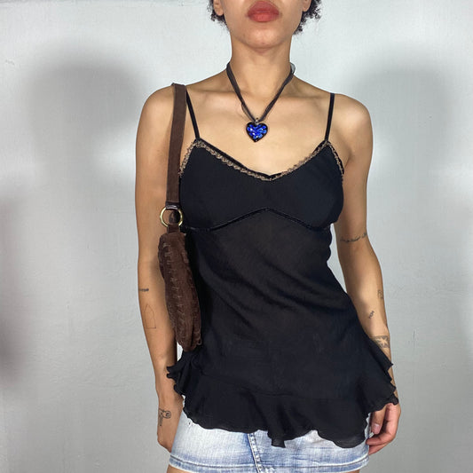 Vintage 90's Coquette Black Cami Top with Gold Neckline Trim Detail (S)