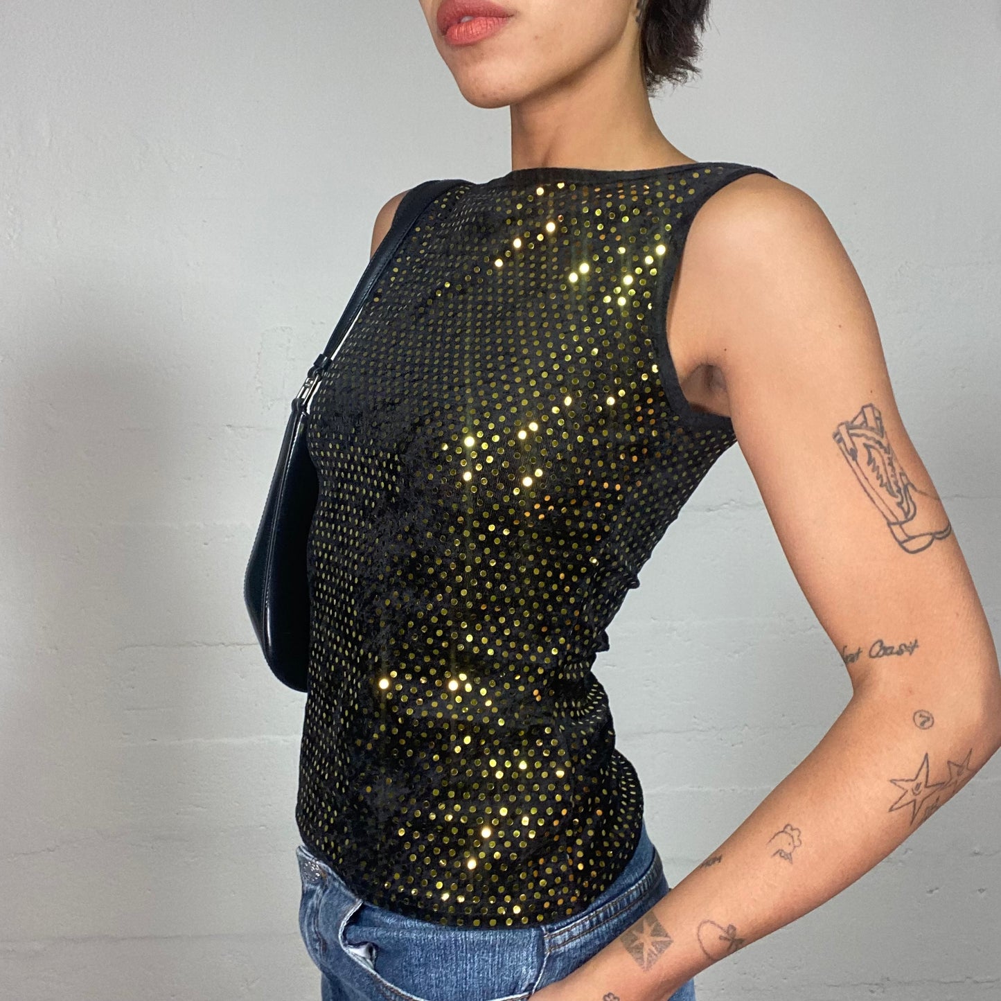 Vintage 2000's Clubwear Black Top with Gold Sequins Detail (S/M)