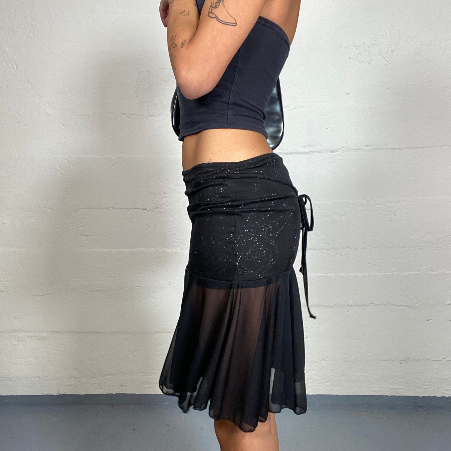 Vintage 90's Clubwear Glittery Black Midi Skirt with Mesh Bottom Part (S)