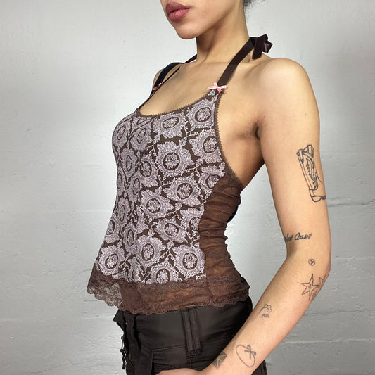 Vintage 2000's Coquette Girl Brown Neckholder Top with White Floral Print and Pink Ribbon Detail (M)