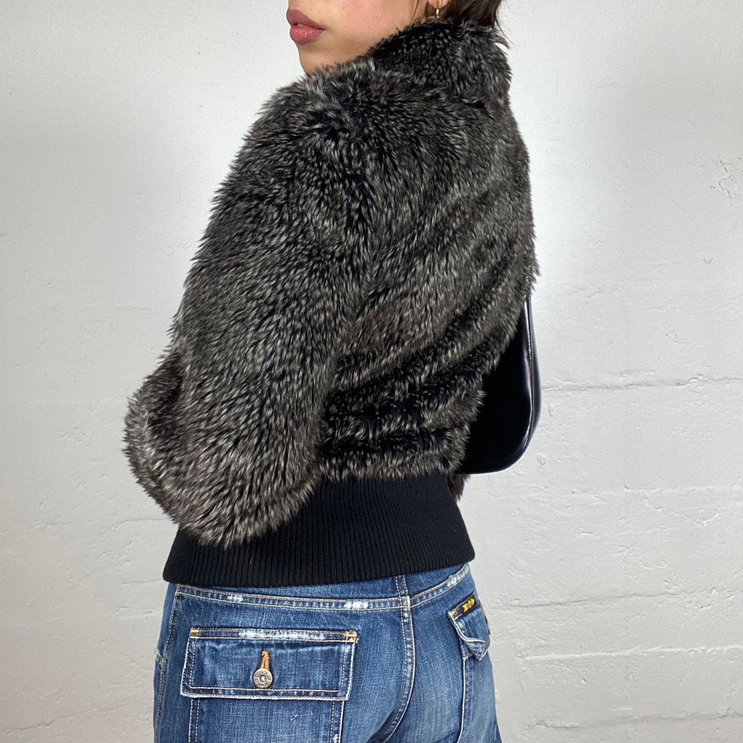 Vintage 2000's Downtown Girl Fur Grey Bomber Jacket with Leather Trims (M)