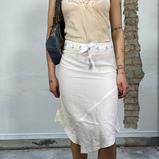 Vintage 2000's Grunge White Pointed Midi Skirt with Tie in the Front Detail (S)