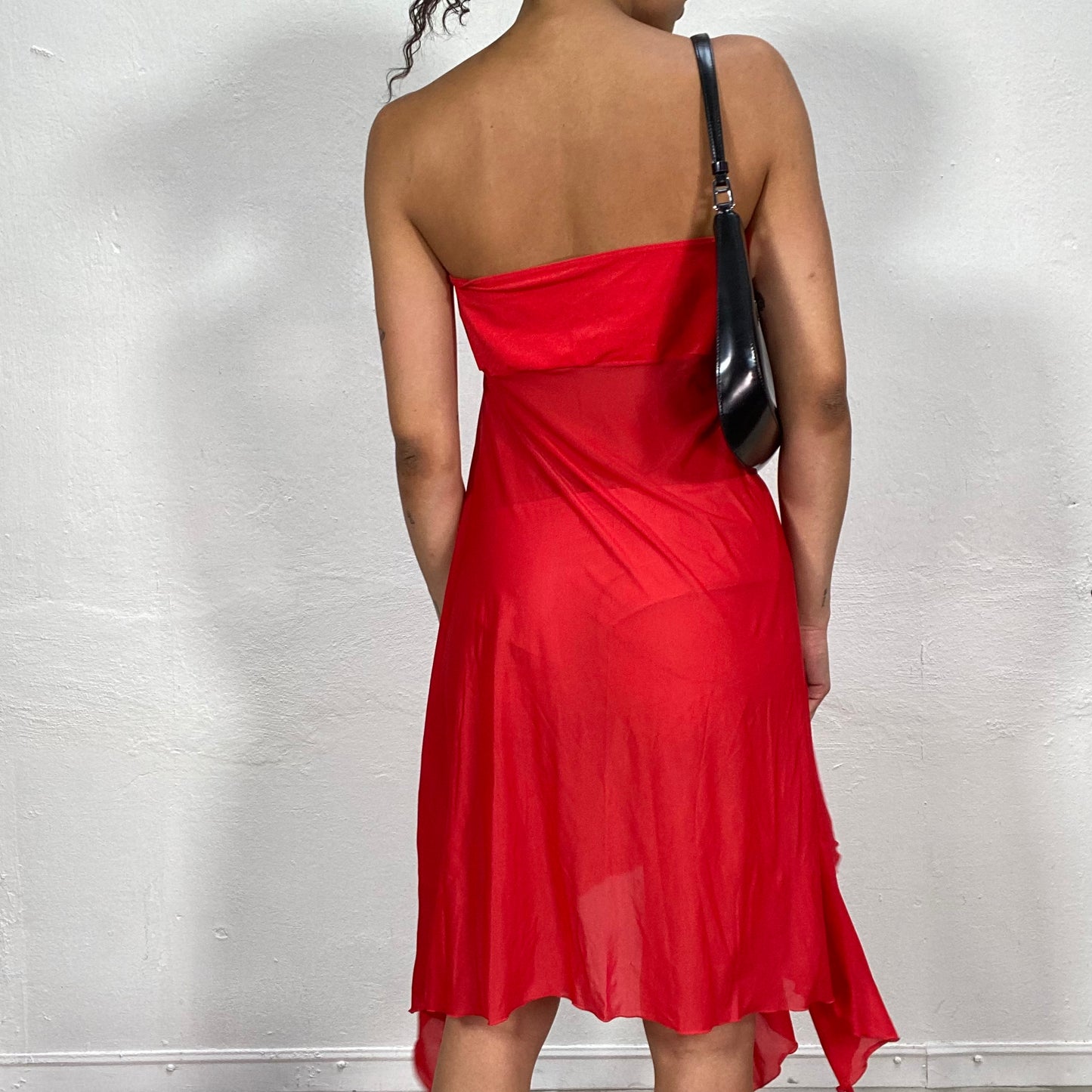 Vintage 2000's Summer Red Strapless Dress with Asymetric Fluid Bottom (S)