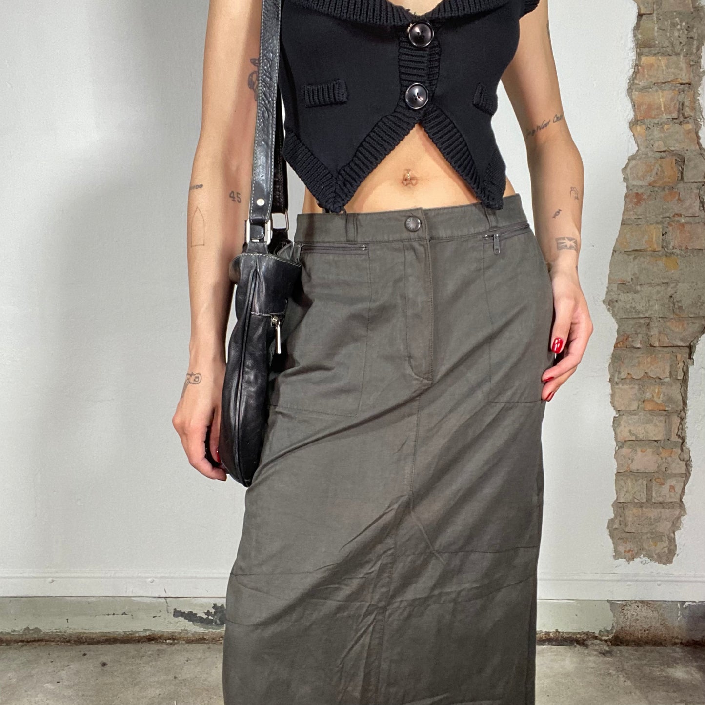 Vintage 90's Street Style Khaki Linen Feel Maxi Skirt (S/M)