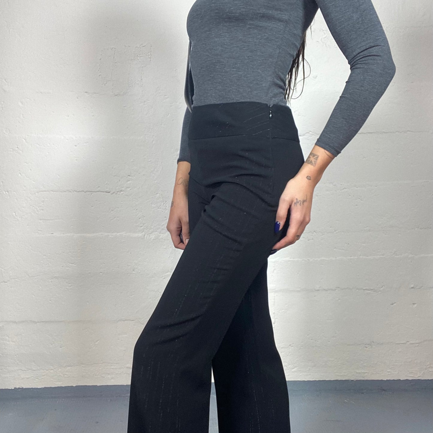 Vintage 2000's Office Black High Waist Pants with Boot Cut and Glitter Pinestripes Print (S)