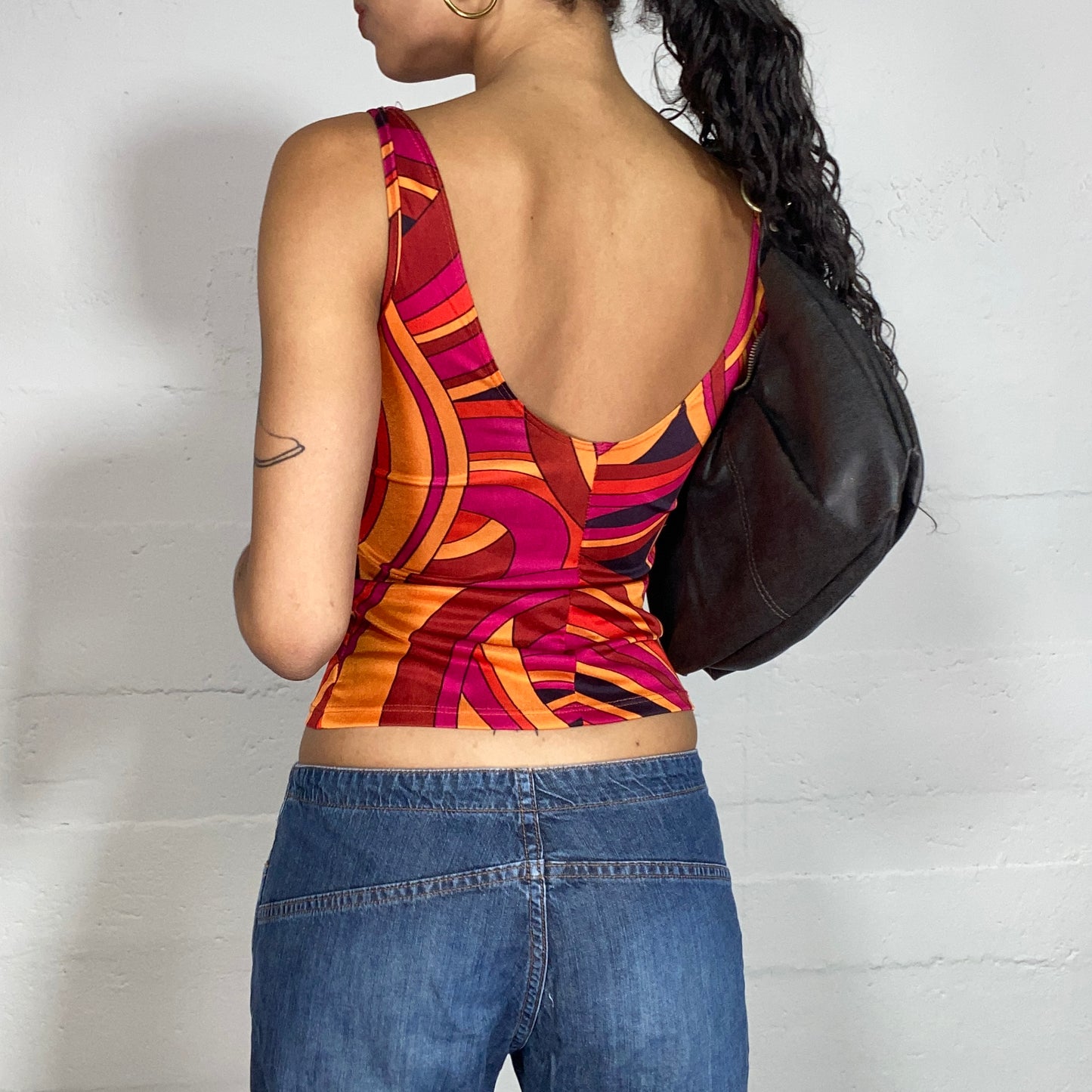 Vintage 2000's Funky Garnet & Orange Top with Wavy 3D Print (S/M)