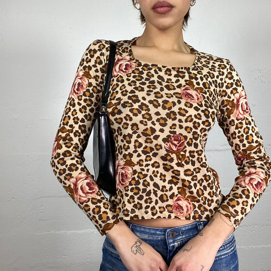 Vintage 90's Janice Beige Cheetaah Print Morgan Longsleeve Top with Roses Print Detail (M)