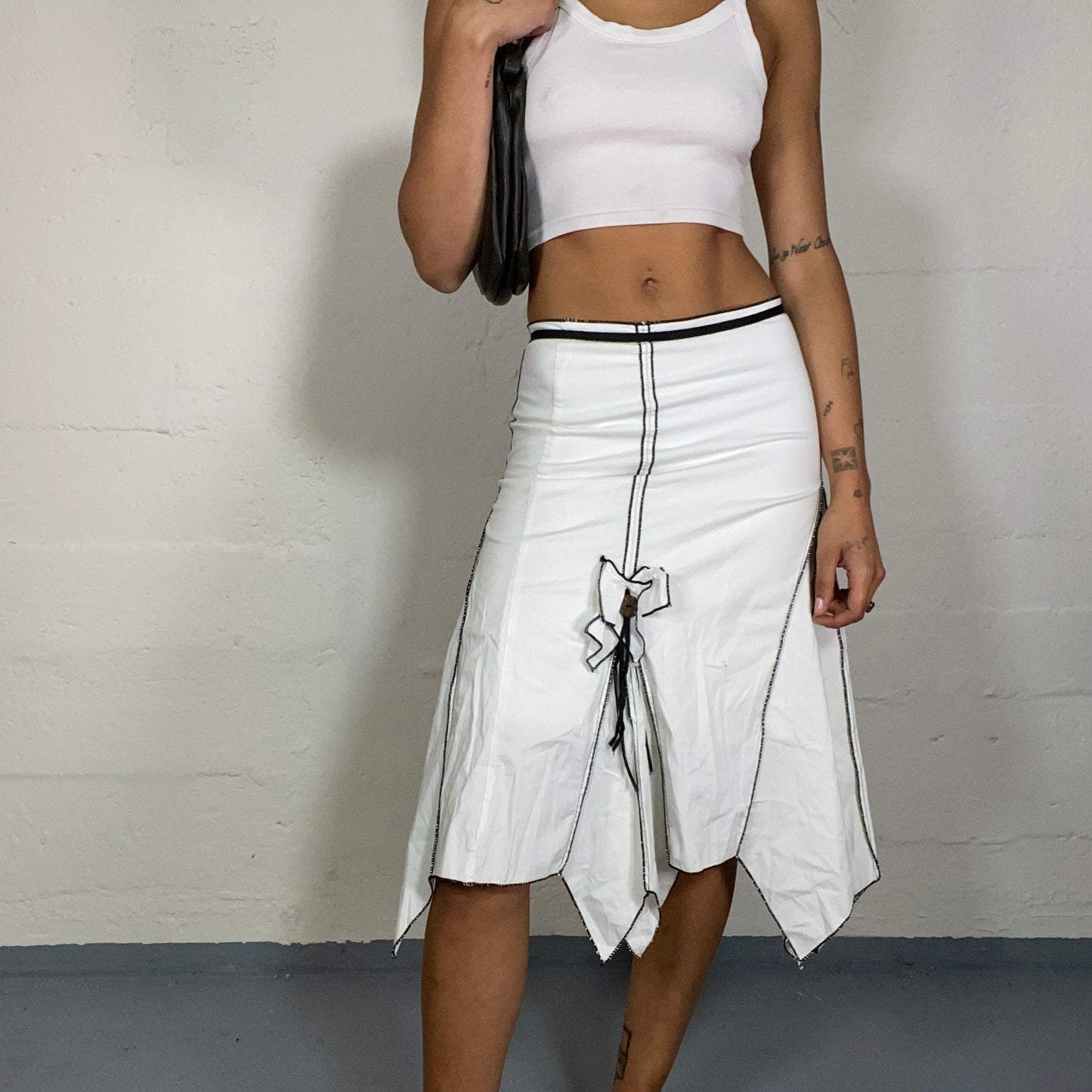 Vintage 2000's Cyber Girl White Deconstructed Midi Skirt with Black Trim and Rosette Detail (S)