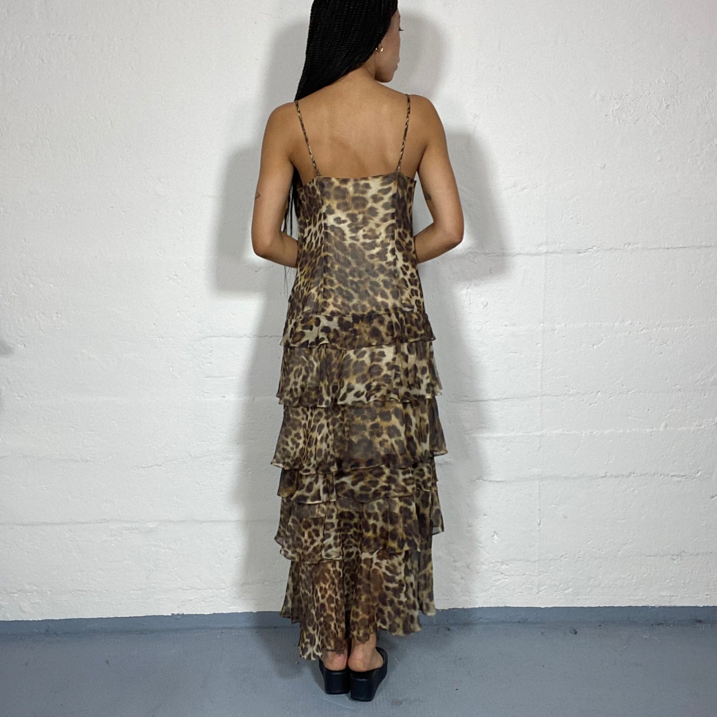 Vintage 90's Janice Brown Maxi Loose Cut Dress with Frilled Bottom and Cheetah Print (M)