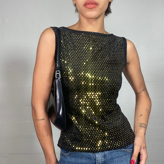 Vintage 2000's Clubwear Black Top with Gold Sequins Detail (S/M)