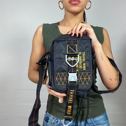 Vintage 2000's Sporty Black Crossbody Bag with "Travel Work" Print