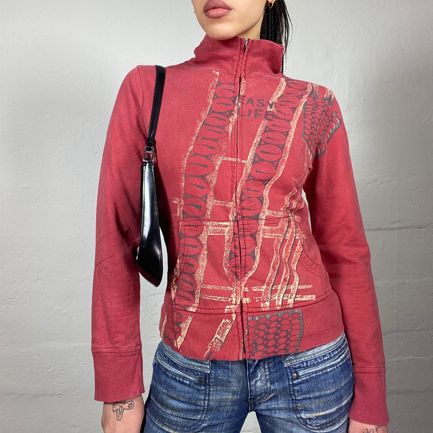 Vintage 2000's Rave Red Washed Out Zip Up Sweater with Black Contrast Print (M)