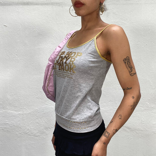 Vintage 2000's Summer Grey Cami with Golden Sequins Text (S)