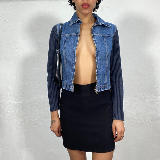 Vintage 90's Downtown Girl Denim Jacket with Blue Ribbed Knit Sleeves (S)