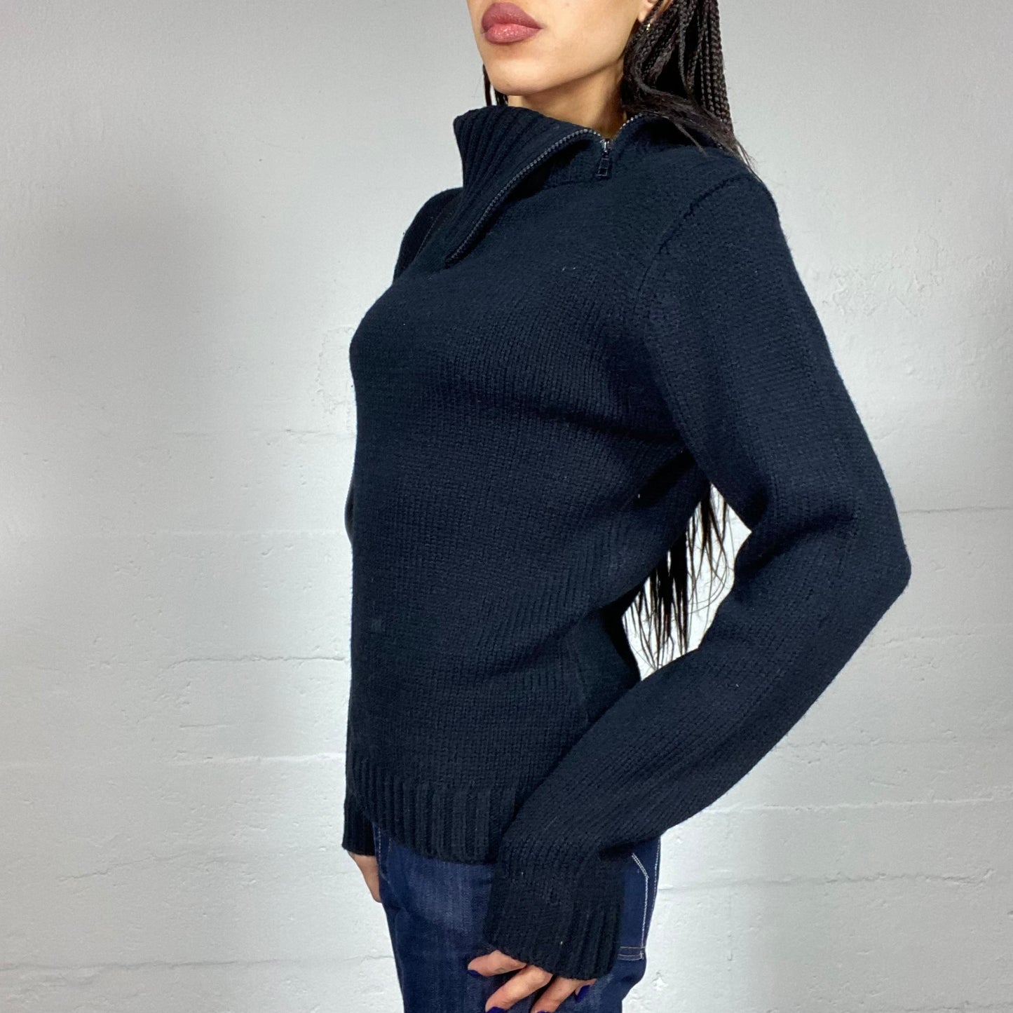 Vintage 2000's Sporty Black Side Zip Up Pullover with Asymmetric High Neck Detail (L)