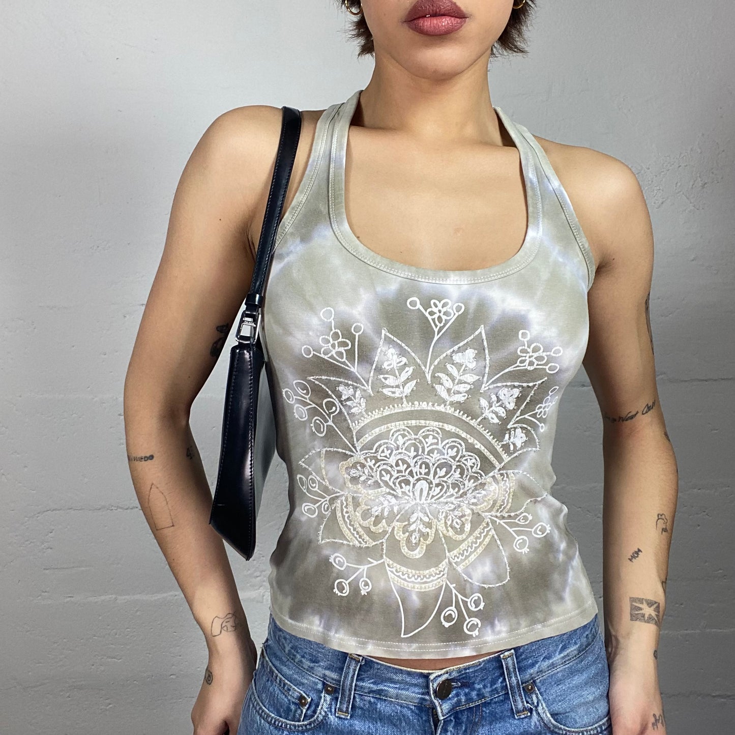 Vintage 2000's Boho Khaki Tie Dye Top with White Mandala Print (S)