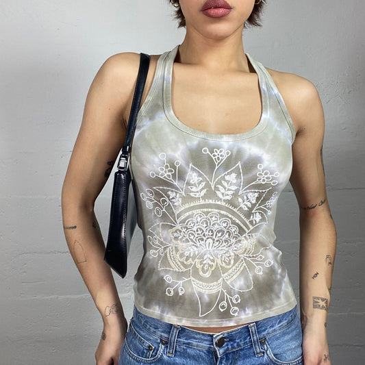 Vintage 2000's Boho Khaki Tie Dye Top with White Mandala Print (S)