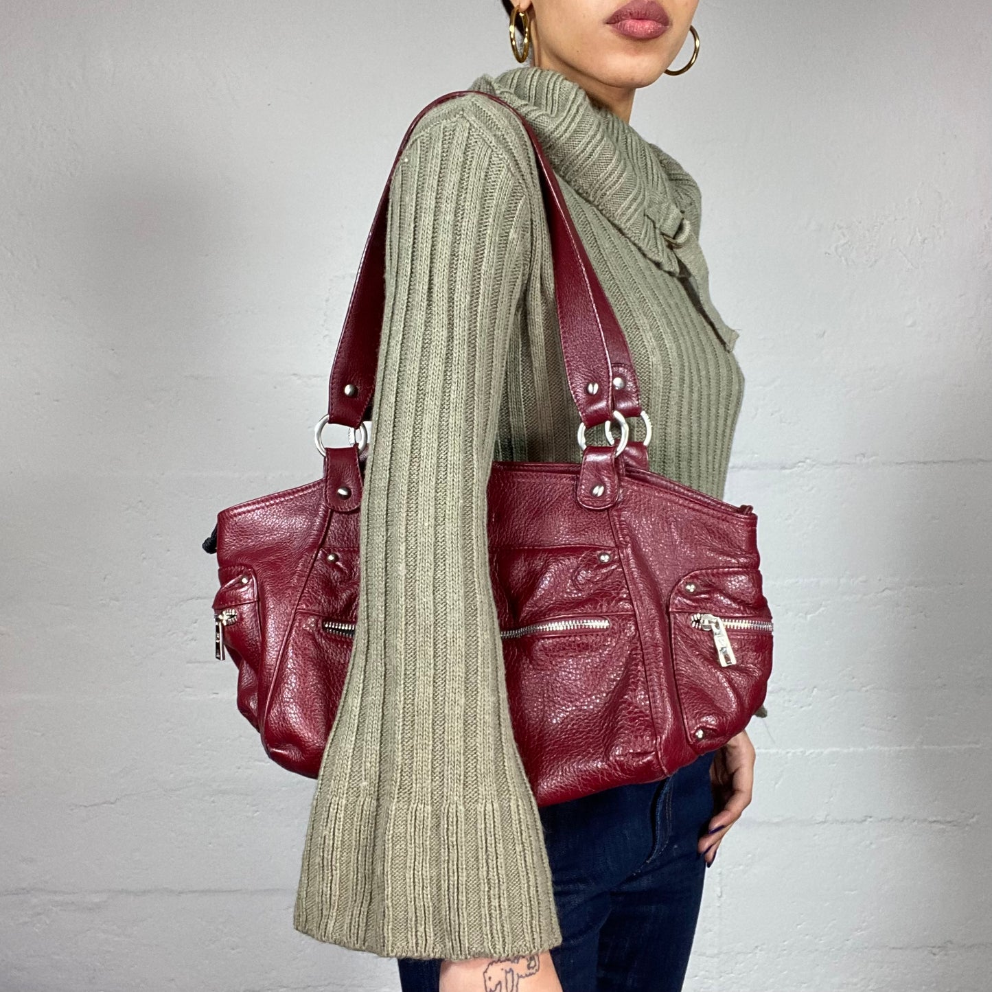 Vintage 2000's Cherry Leather Shoulder Bag with Zippers Detail
