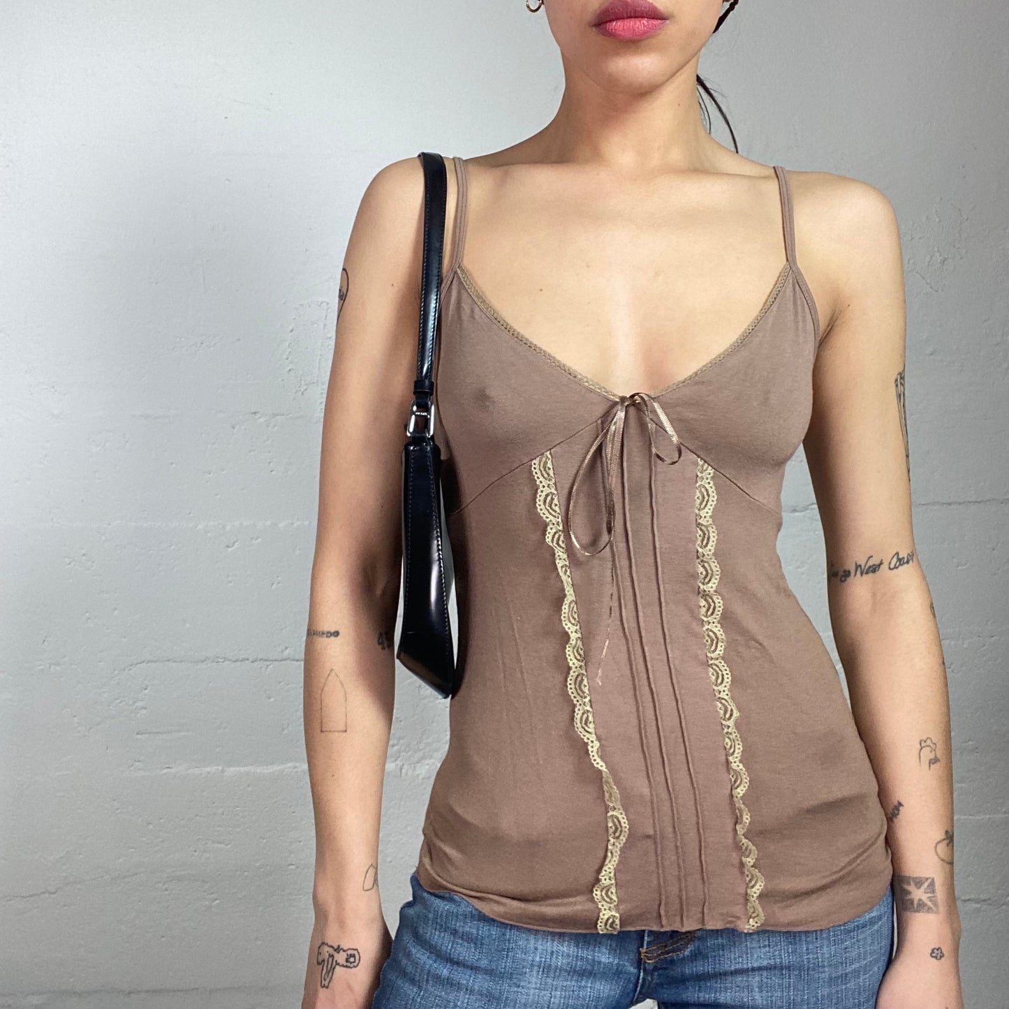 Vintage 2000's Mob Wife Brown Cami Top with Lace Trims Detail (S)