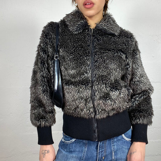 Vintage 2000's Downtown Girl Fur Grey Bomber Jacket with Leather Trims (M)