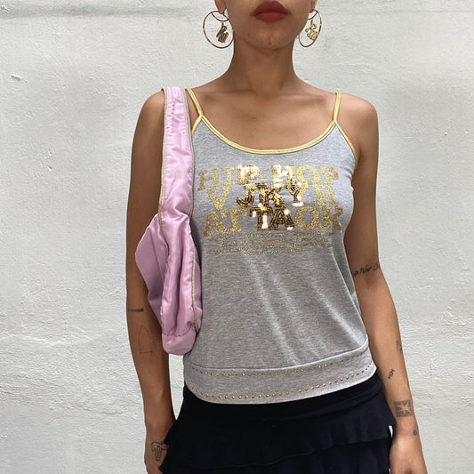 Vintage 2000's Summer Grey Cami with Golden Sequins Text (S)