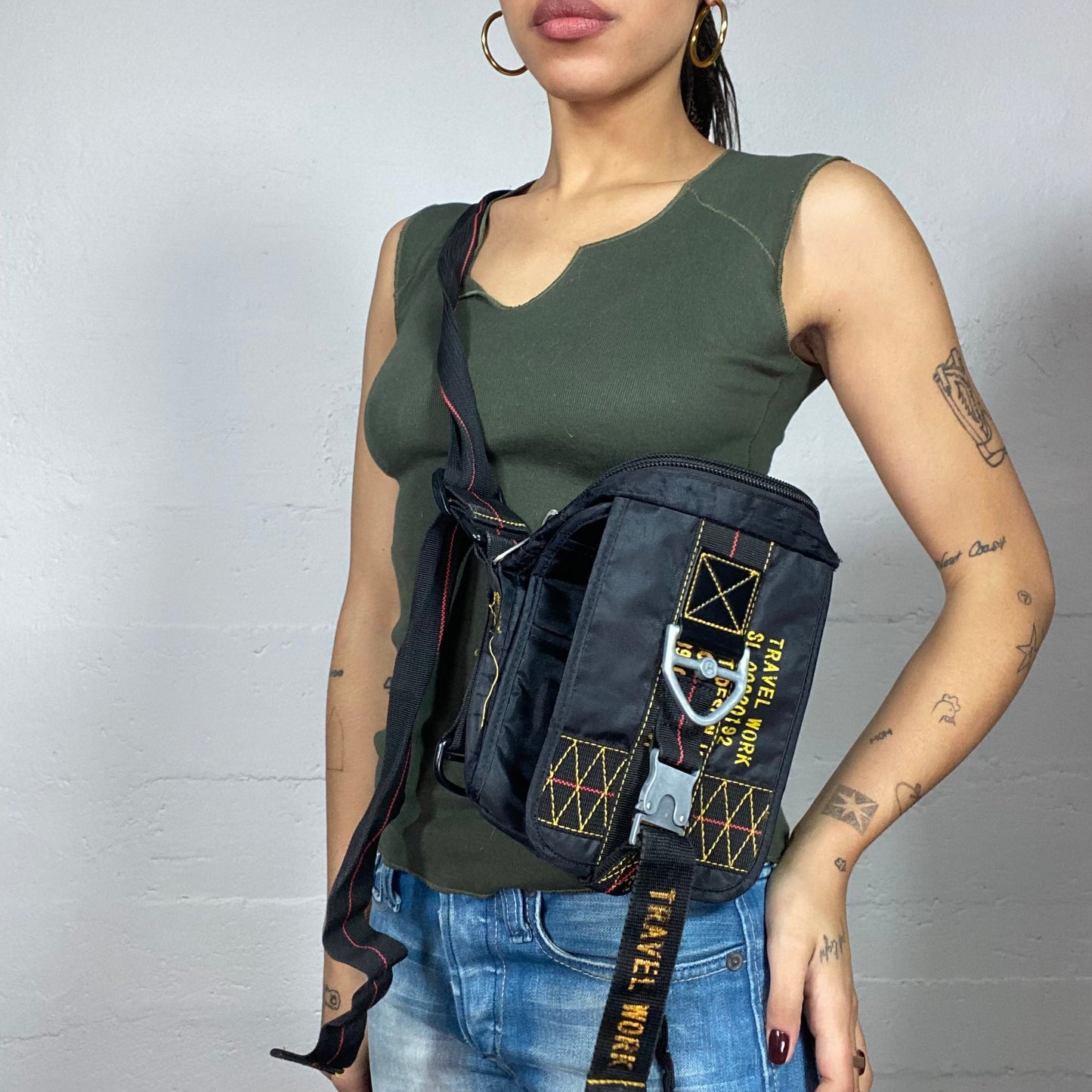 Vintage 2000's Sporty Black Crossbody Bag with "Travel Work" Print