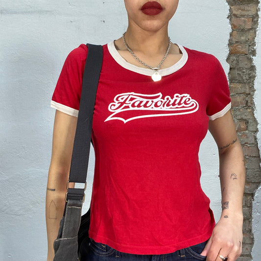 Vintage 2000's Downtown Girl Red Baby Tee with White Trim and 'Favorite' Print (M)