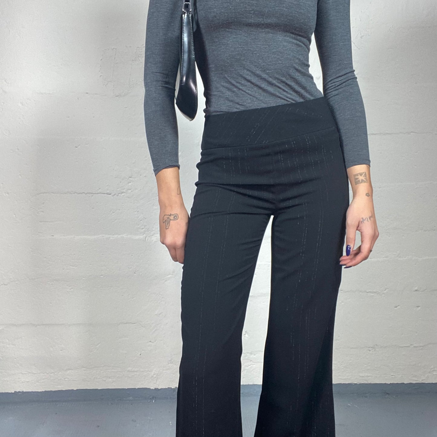 Vintage 2000's Office Black High Waist Pants with Boot Cut and Glitter Pinestripes Print (S)