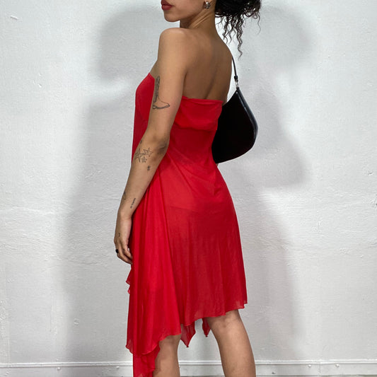 Vintage 2000's Summer Red Strapless Dress with Asymetric Fluid Bottom (S)